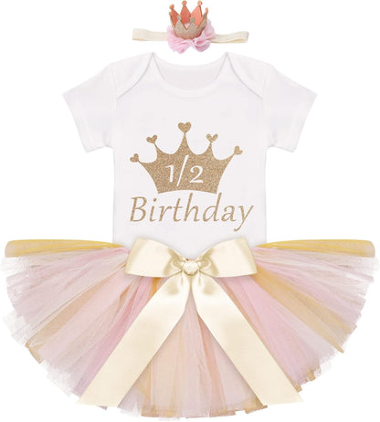 Birthday Outfit Girls Baby Strawberry Heart One Romper + Ruffle Tulle Skirt + Sequins Crown Headband 3PCS Clothes Set