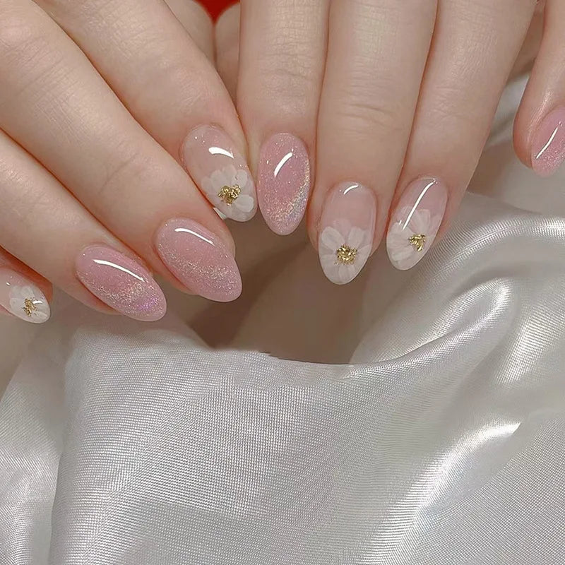 24Pcs Detachable Almond False Nails with Pearl Decoration Elegant Designs French Fake Nails Full Nail Art Tips Press on Nails