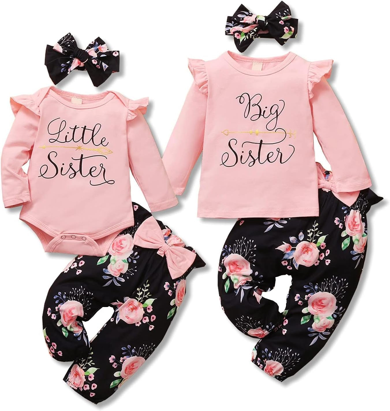 Little Sister Big Sister Outfits Matching Set Baby Girl Long Sleeve Ruffle Tops Romper Floral Pants Headband 3PCS Clothes Set